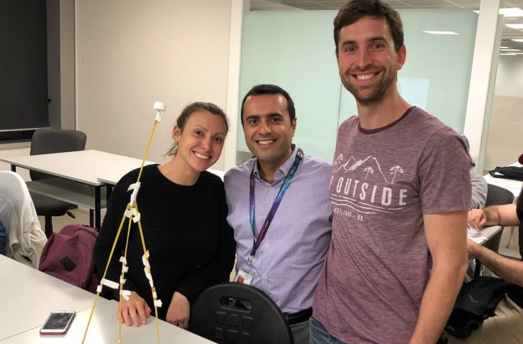 Photo with the Marshmallow Challenge winner team in my PM course, Torrens University, Brisbane, Queensland, Australia, 2018