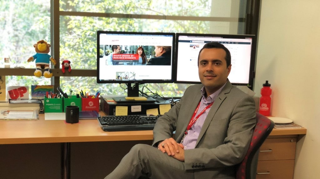 Omid in his office at Griffith University, Brisbane, Queensland, Australia, 2018